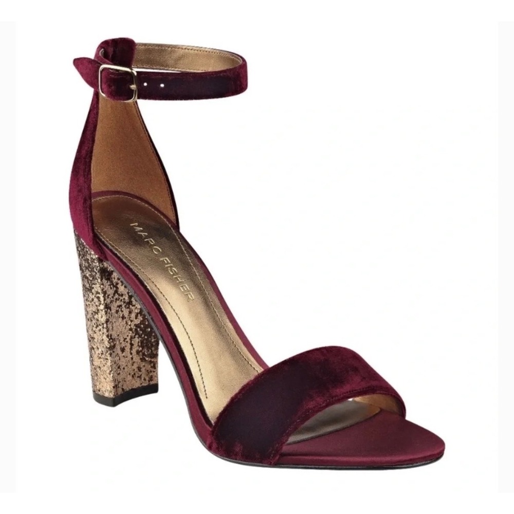 Marc Fisher Burgundy Velvet Gold Glitter Block Heel Ankle Strap Sandals 8M